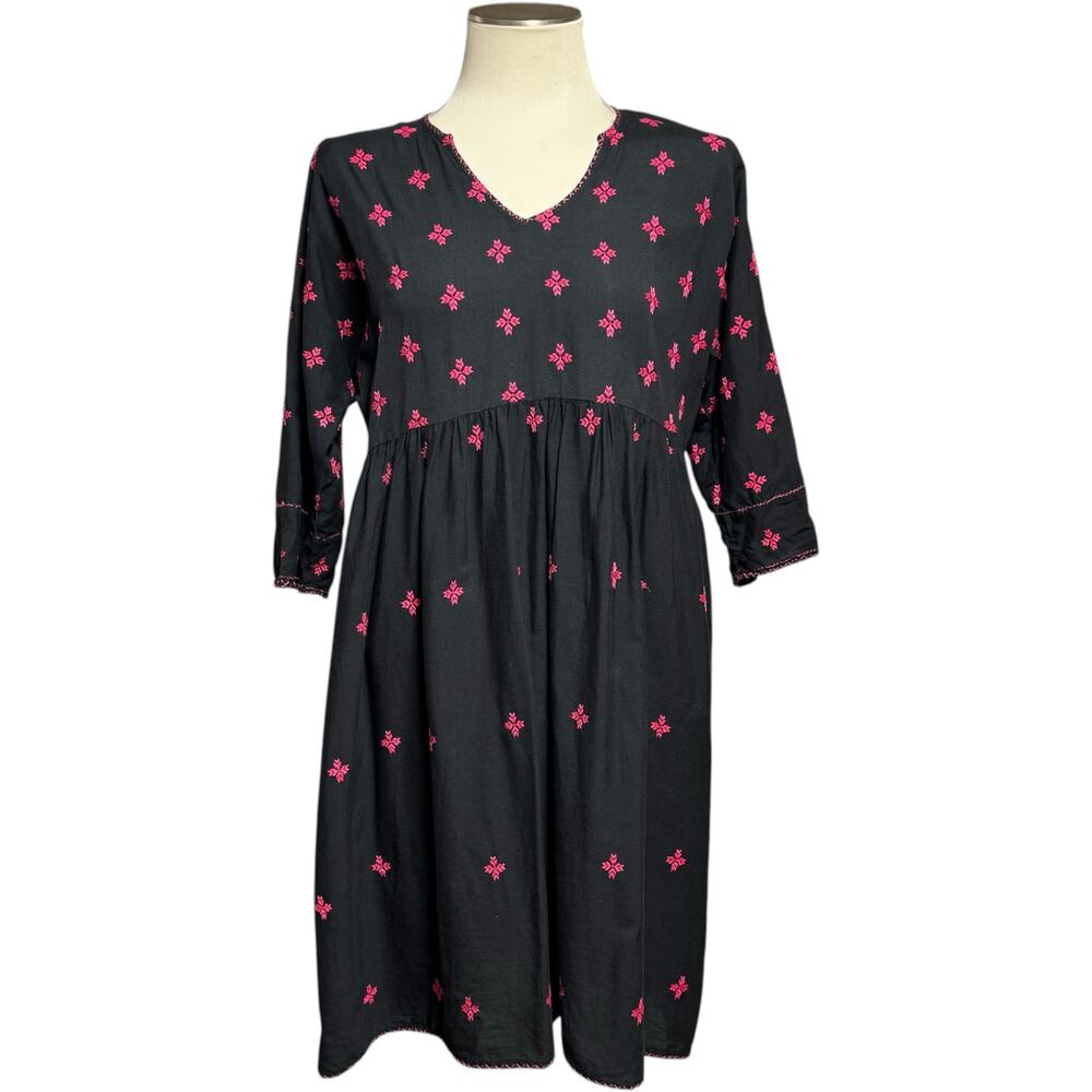 Meena Mahal Linen Modal 3/4 Embroidered Dress Black Pink Medium